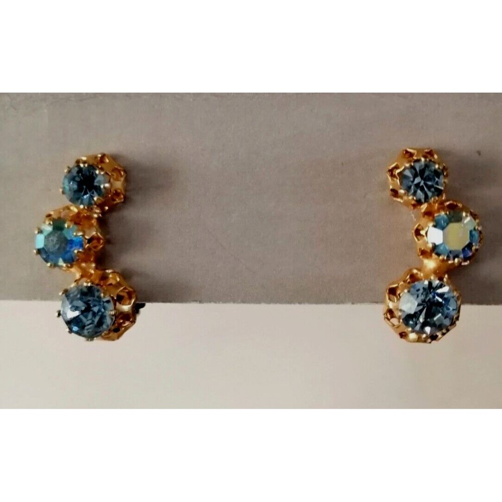 Vintage Austria KARU ARKE INC Blue AB Iridescent Rhinestone Earrings Clip On